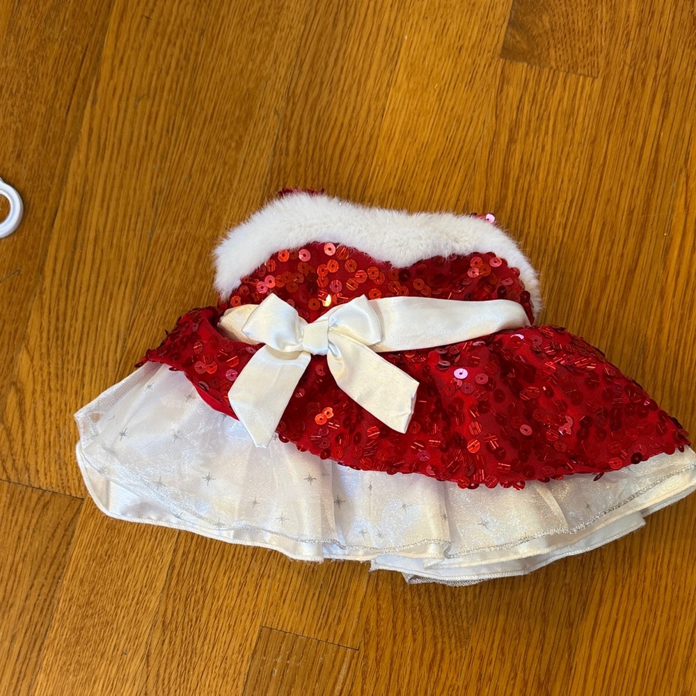 Build-A-Bear Sequin Holiday Dress with White Bow - Red & White